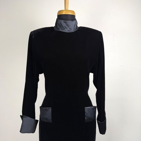 Vintage 80s Depêche Mode Black Velvet Cocktail Dress Satin Trim Mock Neck Korea - Picture 4 of 10